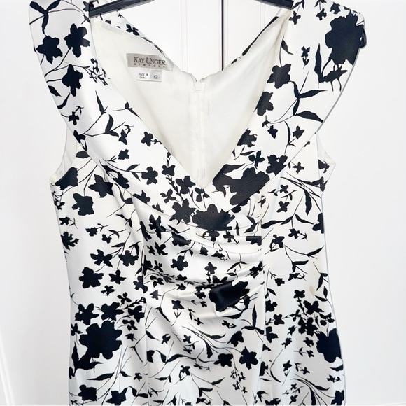 Kay Unger Satin Sleeveless Sheath Floral Black/ White Dress Portrait Collar 12 - Picture 4 of 11